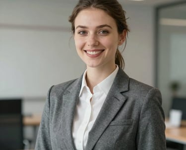 A professional portrait of a young female instructor, European, with a friendly smile, dressed in professional grey attire, in a modern interior.