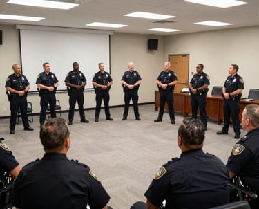Police commanders discussing strategy around a conference table.