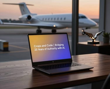 A warm photo of Zoe Amber Ries standing in a sunlit Iowa cornfield, laptop in hand, symbolizing the blend of agriculture and technology.