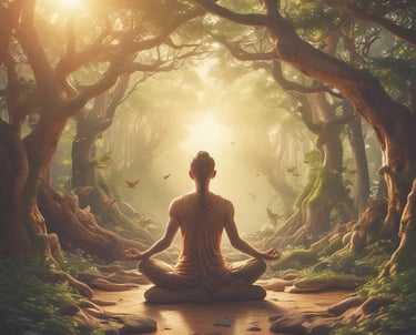 A peaceful outdoor retreat setting with people meditating in nature.