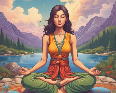 A peaceful outdoor retreat setting with people meditating in nature.