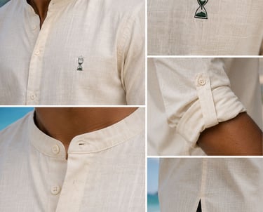 Detalles camisa lino cuello mao moda urbana streetwear  Santa Paciencia 