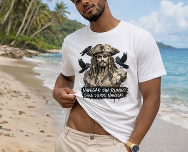 Chico con camiseta de moda urbana streetwear busto marmol Santa Paciencia Jack Sparrow