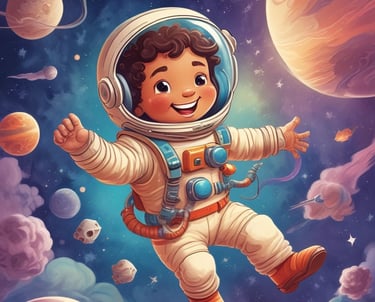 A colorful scene of a child flying through space with cartoon planets and stars.