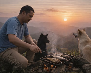 armando bakar ikan di pegunungan di sore hari ditemani 2 ekor anjing
