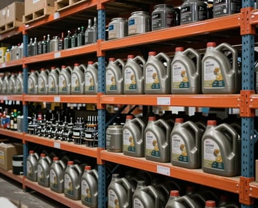 Warehouse shelves with heavy-duty engine oil and parts, perfectly organized, professional Argentine logistics center setting.