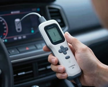 Hand holding a modern digital diagnostic tool connected to a vehicle dashboard, technical logistics photography, deep blue tones.
