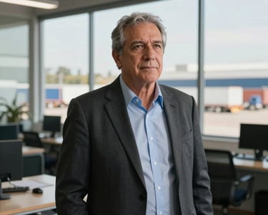 Portrait of a senior logistics professional in professional attire standing in a modern office overlooking a transportation depot, South American / Argentine setting, warm daylight.