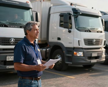 Logistics coordinator speaking with professional truck drivers in an outdoor depot, South American / Argentine context, morning light.