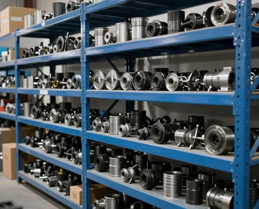 An organized logistics storage shelf with industrial spare parts, clean and well-lit, professional Argentine warehouse setting, steel blue palette.