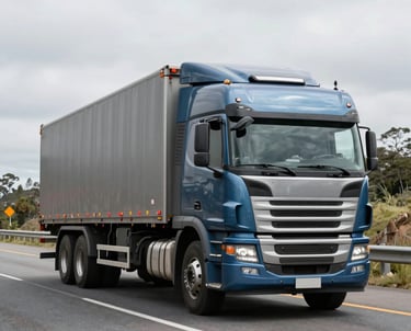Cargo truck driving on a scenic highway in South America, professional photography, steel blue and gray color palette.