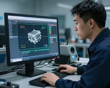 A technical specialist analyzing engine data on a specialized computer screen in a clean transport workshop, deep navy and steel blue lighting.