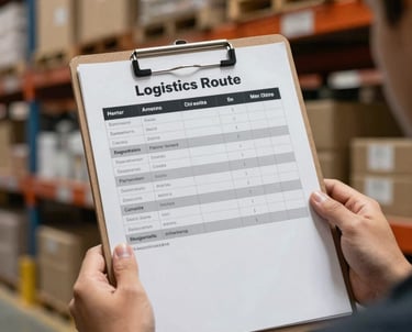 Close-up of a logistics route schedule on a clipboard held by a professional in a warehouse, South American / Argentine style.