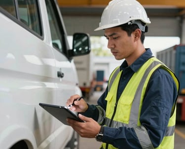 A professional engineer in high-visibility gear inspecting a vehicle with a digital tablet, South American / Argentine logistics setting, industrial background.