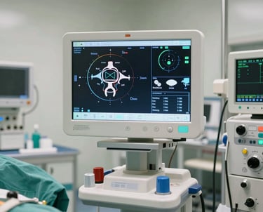 Modern neuro-monitoring display next to surgical equipment in a clean operating room, South Asian / Pakistani hospital environment.