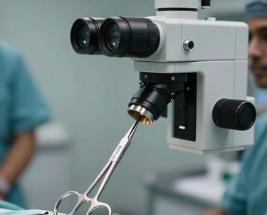 Specialized neurosurgical microscissors and micro forceps viewed under a surgical microscope, high-tech environment in a South Asian / Pakistani clinic.