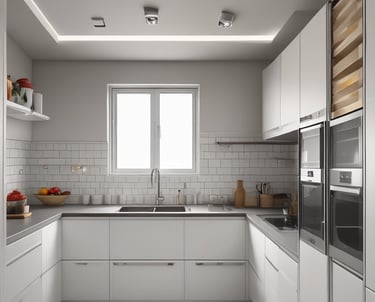 A bright living room featuring sleek modular sofas and built-in shelving units.