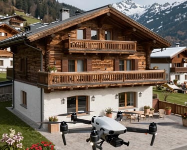 Drone flying over a modern house highlighting architectural details under evening light.