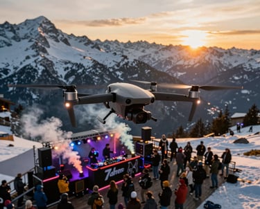A gray camera drone flying over a snowy mountain DJ party at sunset.