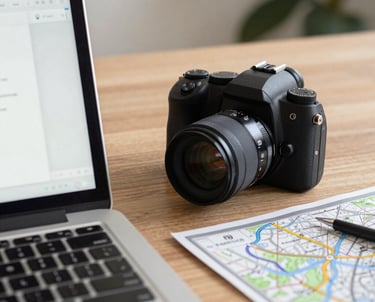 A warm photo of a smiling senior woman with a backpack, standing on a scenic mountain trail during golden hour.