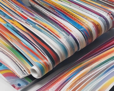 Vibrant flexo ink colors drying on a printing press.