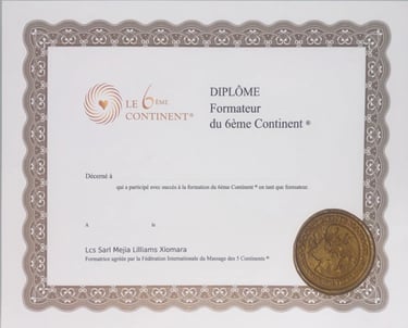 Diplôme de formateur du 6ème Continent avec cadre doré et sceau officiel.