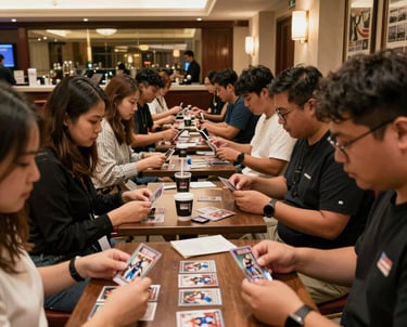 Evening scene at the Holiday Inn with collectors trading cards and chatting.
