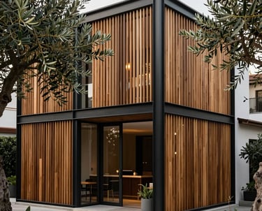 A modern boutique hotel exterior with wooden slats and black metal frames, surrounded by olive trees. Turkish Aegean coast style.
