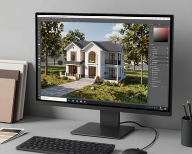 A workspace showing a large monitor with a 3D architectural render, a high-end mouse, and some material swatches in the background. Clean gray desk.