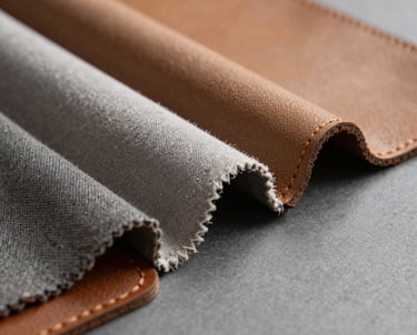 A close-up of high-quality fabric and leather samples on a gray background. Tactile and premium feel.