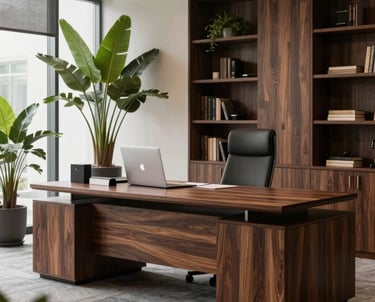 A stylish office interior in Ankara with dark wood furniture and large green plants. Professional and sophisticated.
