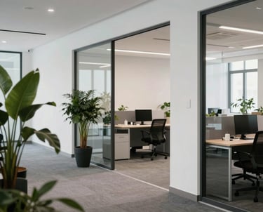Interior of a modern office space with white walls, plants, and glass partitions. Professional Turkish business environment.