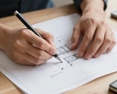 A close-up of a person's hands sketching on a blueprint with a mechanical pencil. Soft lighting on a light wood desk.