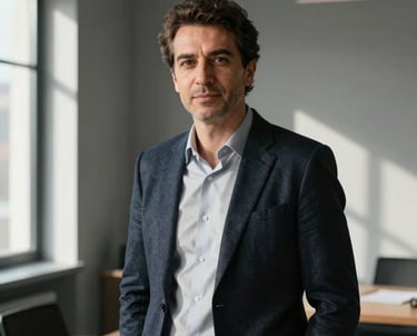 Portrait of a Turkish architect in a modern, sunlit studio with gray walls. They are dressed in smart-casual attire, looking professional and approachable.