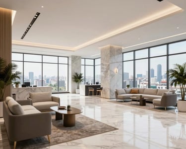 A bright and airy commercial lobby design in Istanbul. High ceilings, marble flooring, and minimalist furniture. Large windows showing a glimpse of the city skyline.
