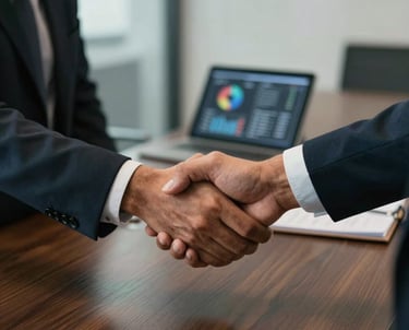 Close-up of two South Asian business partners shaking hands over a dark wood conference table in a modern office, a digital tablet with charts visible in the background, professional and warm atmosphere.