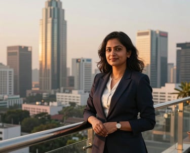 A South Asian female entrepreneur standing confidently on a high-floor balcony overlooking the vibrant business skyline of Bengaluru, sunset lighting casting a golden glow, professional attire.