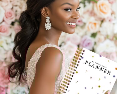a woman in a white dress holding a planner book