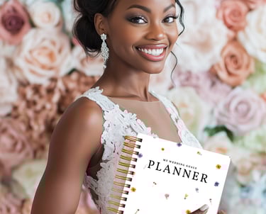 a woman in a white dress holding a planner book