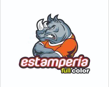 Estampería Full Color logo featuring an angry grey rhino mascot wearing an orange shirt.