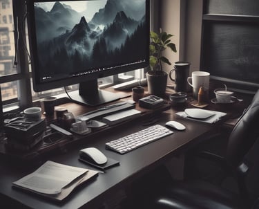 A sleek, modern workspace with a laptop displaying a vibrant website design, surrounded by sketches and branding materials.