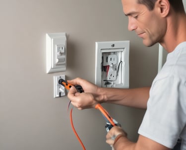 Electricians installing wiring inside a residential building with safety gear.