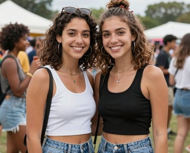 A group of twins laughing and taking photos together at a festival.