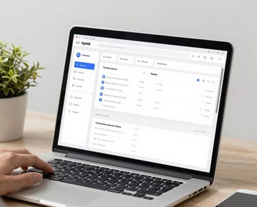 A recruiter reviewing resumes on a laptop with a focused expression.