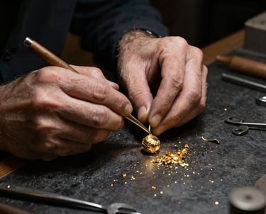 A master goldsmith at work at a bench, surrounded by delicate hand tools and gold shavings. The lighting is dramatic, casting deep bronze shadows against a professional dark charcoal background.