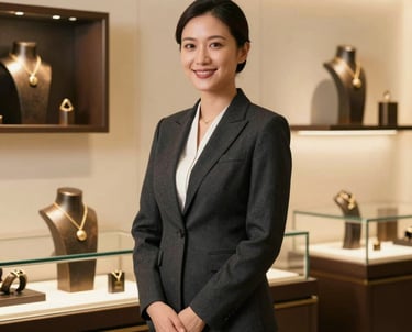 A portrait of a hospitality manager smiling in a luxury showroom. She is dressed in a dark charcoal professional suit, standing against a backdrop of warm cream walls and deep bronze jewelry displays.