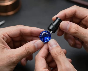 A focused close-up shot of a gemologist's hands holding a specialist loupe over a brilliant blue sapphire. The background is a clean, dark charcoal workspace with hints of deep bronze ambient light.