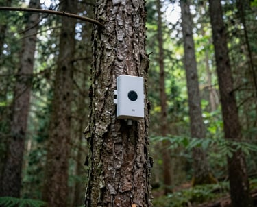 A serene landscape photograph of a North American forest where a small, unobtrusive environmental sensor is mounted on a tree. The lighting is natural and soft, emphasizing the integration of technology and nature.