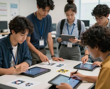A candid photograph of diverse students in a high-tech learning environment in a North American setting, collaborating over digital tablets and prototypes. The atmosphere is trustworthy and professional.