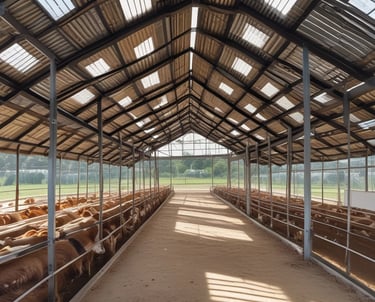 A serene farm scene showing cows grazing peacefully with a farmer gently tending to them under a clear blue sky.